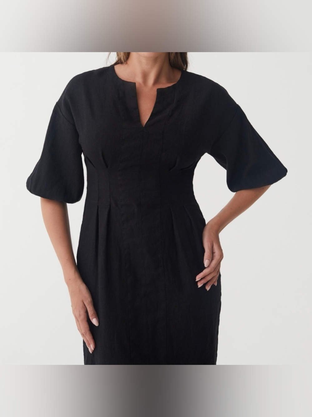 Magic Linen Handmade BALLOON SLEEVE 100% LINEN DRESS BORNEO Black size XL
